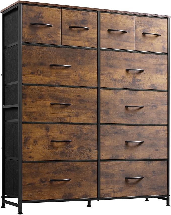 WLIVE Storage Organizer Unit with 12 Fabric Bins, Storage Drawers Organizer with Steel Frame, Tall Storage Tower Organizaton for Living Room, Hallway, Office, Rustic Brown Wood Grain Print