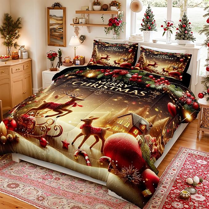 Bedrom Merry Christmas Bedding Comforter Black Gold Comforter Queen Snowflake Winter Xmas Theme Cute Deer Christmas Tree Bedroom Comforter Set