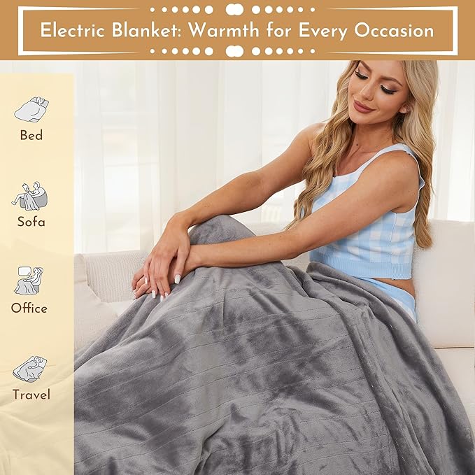 Electric Throw Blanket 50"x60" Throw Size with Cozy Flannel, 5 Heat Settings & 3 Hours Auto Off, Cozy & Warm for All Night, Machine Washable, Light Grey