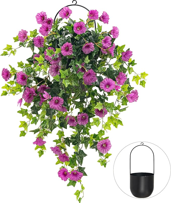 Artificial Petunias Hanging Flowers for Outdoors Uv Resistant Fake Petunias Plants Hanging Flower Patio Decor Outside Basket Realistic Silk Petunias Plant (with Pot Purple 2 PCS)