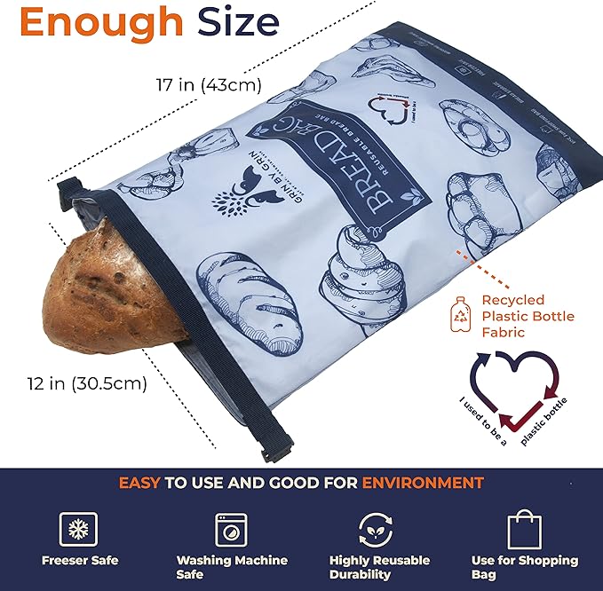 GRIN BY GRIN- 2 Packs Bread Bags, Zipper Reusable Bread Bags for Homemade Loaf, Freezer Sourdough Container, Fresh Keeping Extra Large, Reusable Food Storage Bag