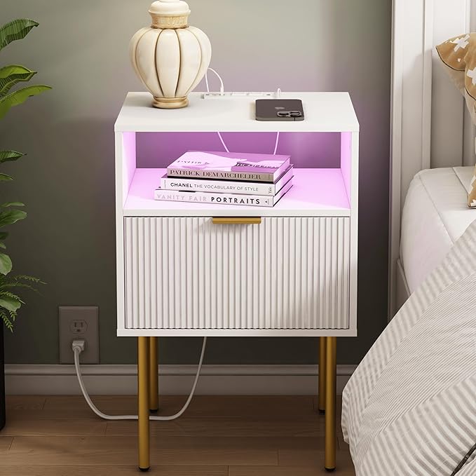 Modern Nightstand with Charging Station and LED Lights, White Bedside Table with Drawer, Fluted Side Table for Living Room, Bedroom