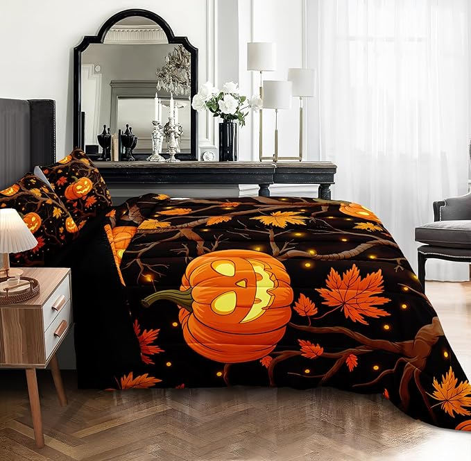 Black Pumpkin Bedding Happy Halloween Comforter Set Orange Pumpkin Lantern Spooky Ghost Festival Theme Black Halloween Bedding Set Queen Size