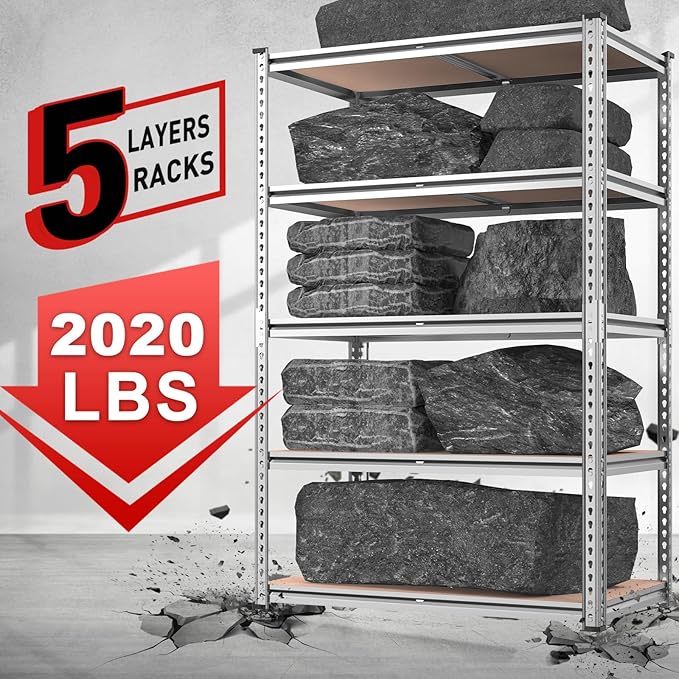 REIBII 2020LBS Garage Shelving Heavy Duty 5-Tier Storage Shelves Adjustable Metal Shelving for Warehouse, Basement, Easy Assembly, 72" H x 35.55" W x 16" D, Galvanized