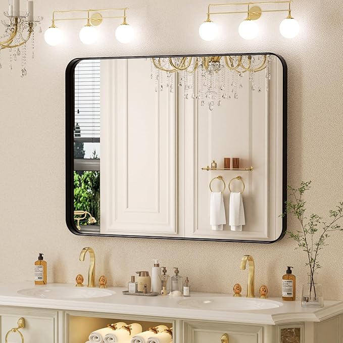 40×30 Black Vanity Mirror for Over Sink - Rectangular Bathroom Mirrors for Wall with Tempered-Glass & Rustproof Metal Frame for Restroom, Rounded Corners, Horizontal/Vertical, Explosion Proof