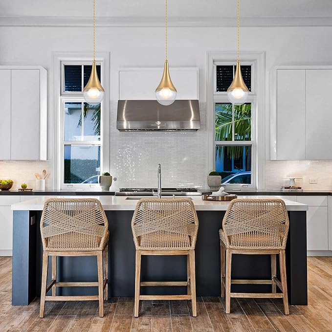 MWZ Gold Pendant Lights Kitchen Island 3 Pack, Modern Brass Raindrop Pendant Light Fixture Over Table with Clear Glass Globe Shade,Mini Teardrop Chandelier,Adjustable Cord Hanging Lighting for Sink