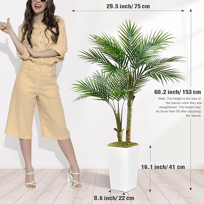 Fake Palm Tree 5FT - Artificial Plants with White Tall Planter, Faux Tropical Golden Cane Palm Tree with Two Trunks and 18 Realistic Palm Leaves, Indoor Floor Plants for Living Room Office Decor