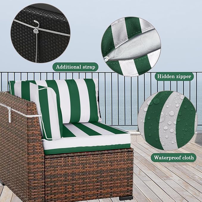 Outdoor Furniture Replacement Cushions, 14 Pcs Water-Resistant Replacement Sofa Cushion for Patio Garden Porch (Liner&Cover,Only Cushions No Sofa) (Green and White Stripes)