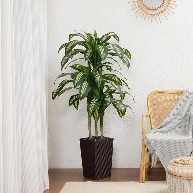 Artificial Dracaena Tree 5ft – UV Resistant Tall Fake Plant with Large Taper Planter & Pebbles– Large Potted Faux Tree for Indoor & Outdoor, Living Room, Office, Porch, Home Decor, VN127