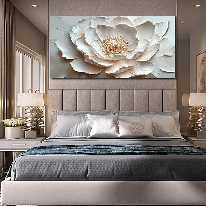 White Flower Wall Art for Living Room - Large Modern Wall Art Bedroom - Floral Bedroom Wall Decor for Teen Girls Size 29" x 59"