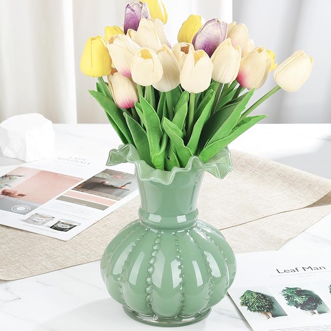 Joeyan Handmade Green Glass Flower Vase,7.9" Vintage Decorative Urn Vase for Centrepieces Bouquet Wedding,Colored Thickened Pedestal Vase Decorations for Rustic Home Living Room Office Farmhouse