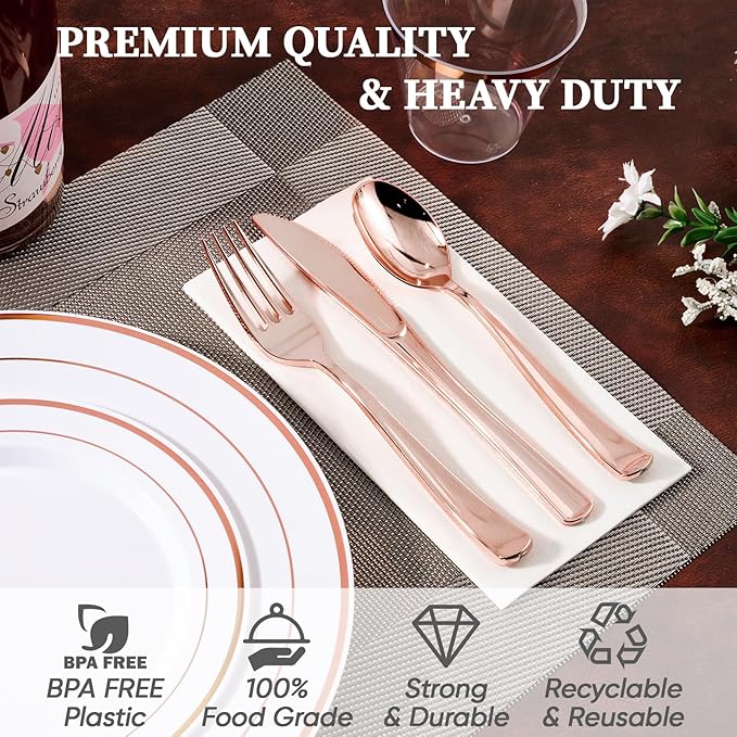 FOCUSLINE 600 Ct Rose Gold Dinnerware Set for 100 Guests - Rose Gold Rimmed White Disposable Plastic Plates, Includes 100 Dinner & Salad Plates, Cups, Cutlery Set for Wedding Parties
