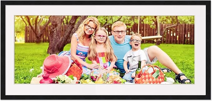 13.5x40 Frame with Mat - Black 16x43 Frame Wood Made to Display Print or Poster Measuring 13.5 x 40 Inches with White Photo Mat