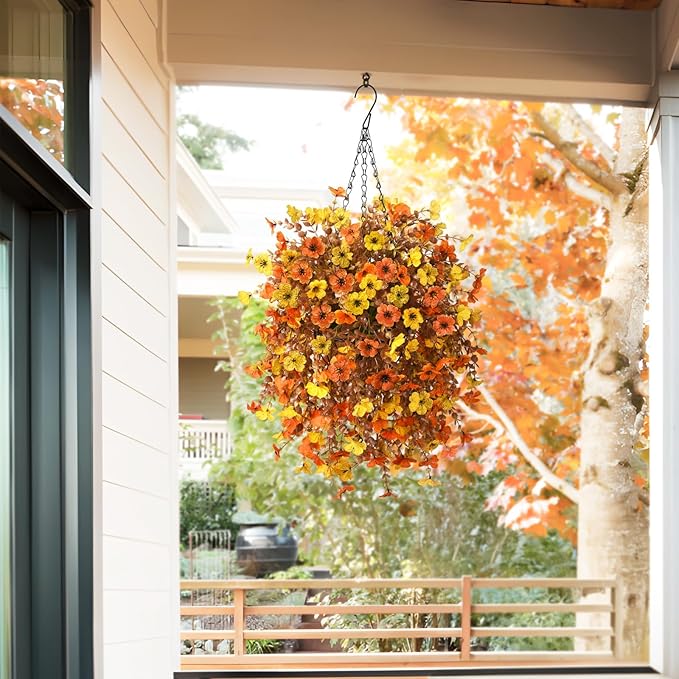 Artificial Fsll Faux Hanging Flowers Plants Basket for Outdoor Decoration,Fake Silk Orange Mums planters UV Resistant Look Real for Home Porch Patio Yard Outside Autumn Decor (Yellow Orange)