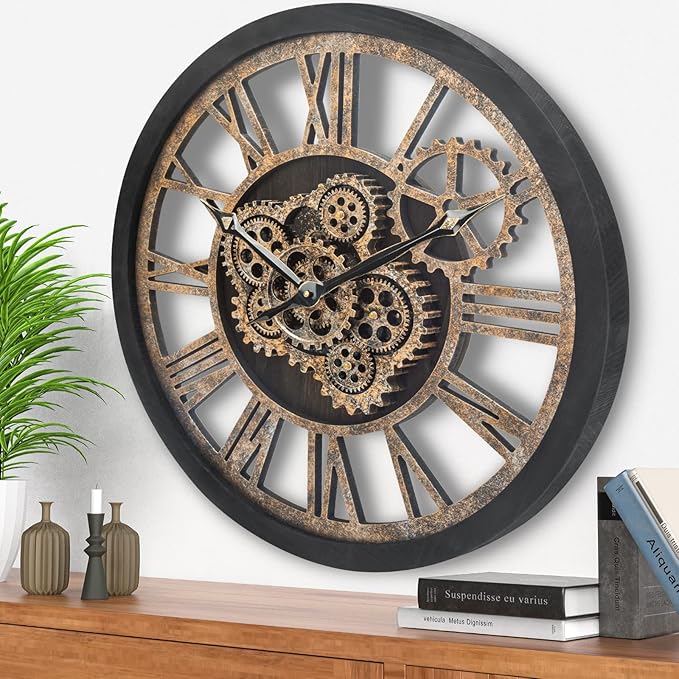 HOIBAI Wall Clock for Living Room Decor, Large, 24 in (60cm), Moving Gear, Farmhouse Vintage Industrial Oversized Wall Clock