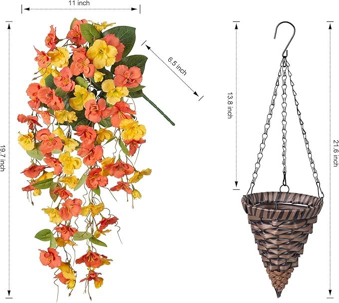 Ivydale Artificial Hanging Flowers Fake Plants with Basket for Outdoors Fall Decoration, Faux Hibiscus Long Vines Realistic Silk Flowers for Planters Outside Home Patio Porch Balcony, YellowOrange
