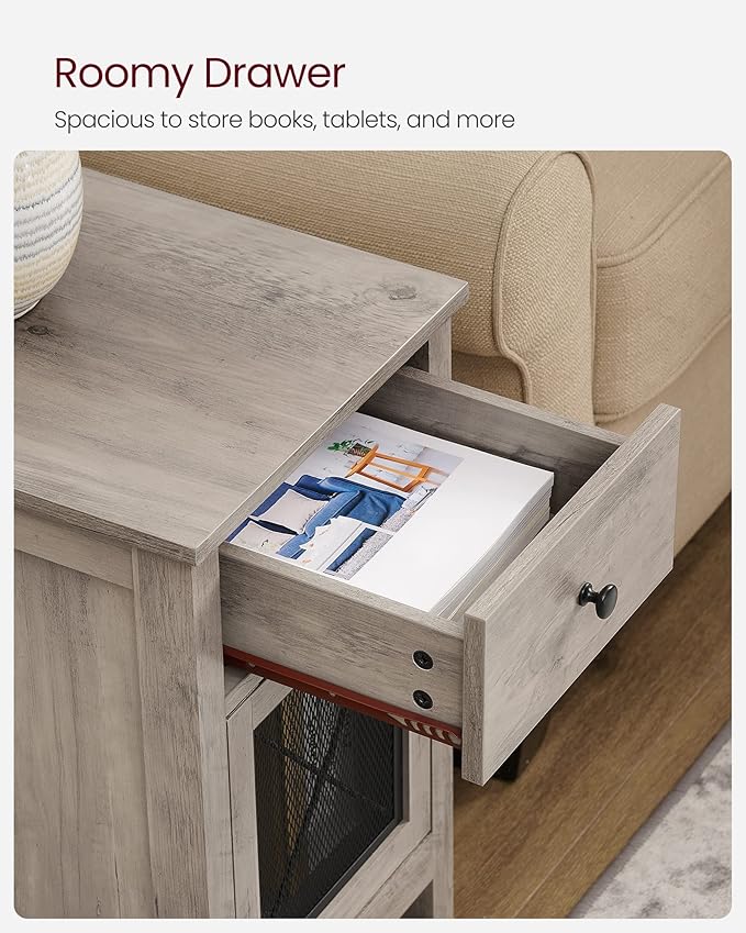 VASAGLE Side Table with Storage, End Table with USB Ports and Outlets, Nightstand with Charging Station, Drawer, Storage Cabinet, Magazine Rack, for Living Room, Bedroom, Greige ULET312T02