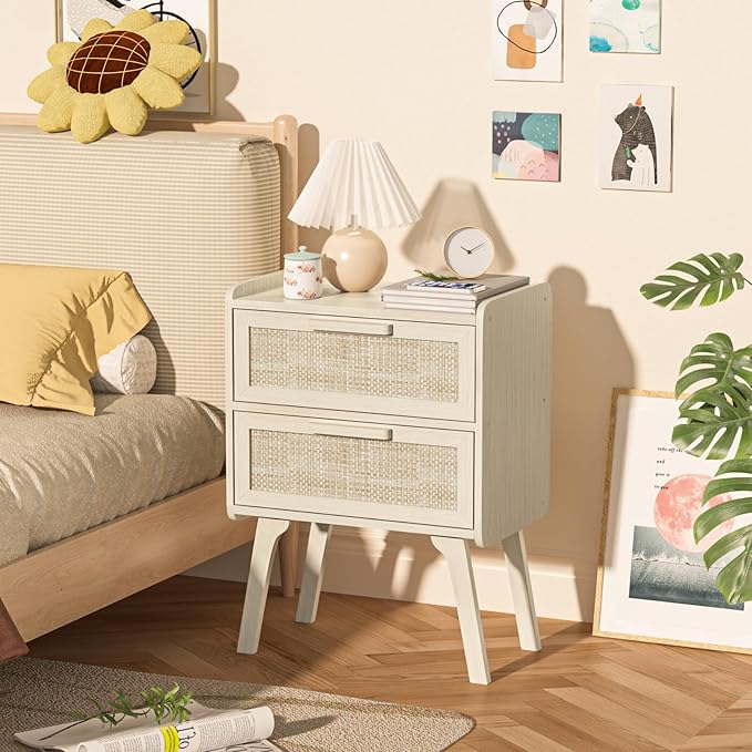 Lerliuo Rattan Nightstand, Boho Night Stand with 2 Drawers, Cane Accent Side End Table, Bedside Table with Solid Wood Legs for Bedroom, Dorm and Small Spaces (White)
