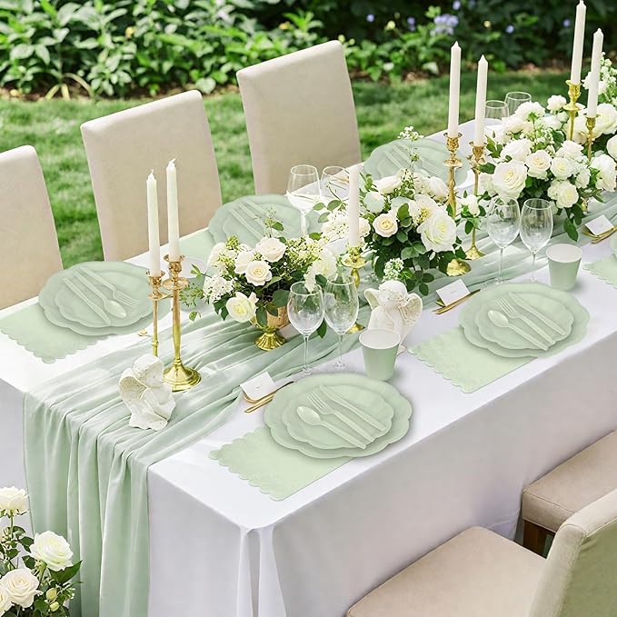 175 Pcs Sage Green Party Plates Cups and Napkins Set, 25 Guest Sage Green Party Supplies Include Scalloped Plate Napkin Cup Forks Knives Disposable Plastic Cutlery for Wedding Baby Shower Birthday