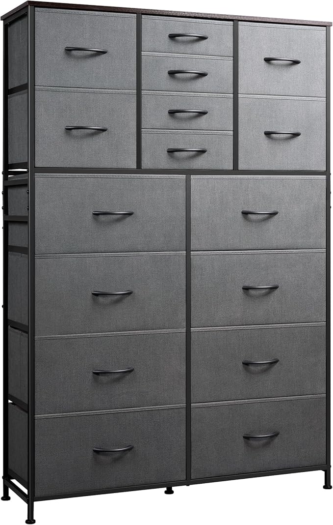 WLIVE Tall Console Table with 16 Fabric Drawers, Entryway Table with Storage, Large Storage Organizer with Wood Top, Steel Frame for Living Room, Hallway, Office, Dark Grey