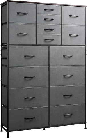 WLIVE Tall Console Table with 16 Fabric Drawers, Entryway Table with Storage, Large Storage Organizer with Wood Top, Steel Frame for Living Room, Hallway, Office, Dark Grey