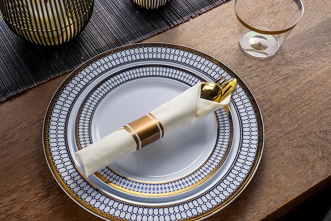 MONEST 350Pcs Blue and Gold Plastic Silverware Set for 50 Guests, Disposable Dinnerware Set includes: 50 Pre Rolled Napkins with Utensils, 50 Dinner Plates, 50 Dessert Plates, 50 Cups (Royal Sapphire)