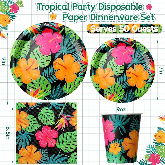 200 Pcs Tropical Nights Hawaiian Aloha Party Supplies Serve 50 Guests Luau Paper Plates Cups Napkins for Summer Beach Tableware Pool Party