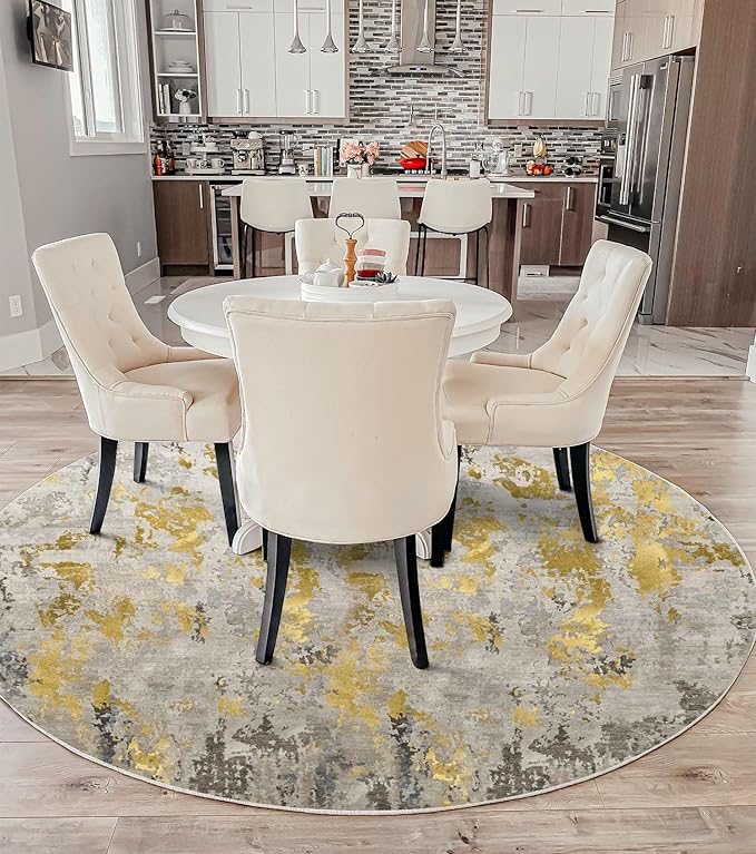 vivorug Round Rug 6ft Abstract Round Area Rug Non-Slip Indoor Carpet for Living Room Bedroom Entryway, Stain Resistant Home Decor Circle Rug, Grey/Mustard
