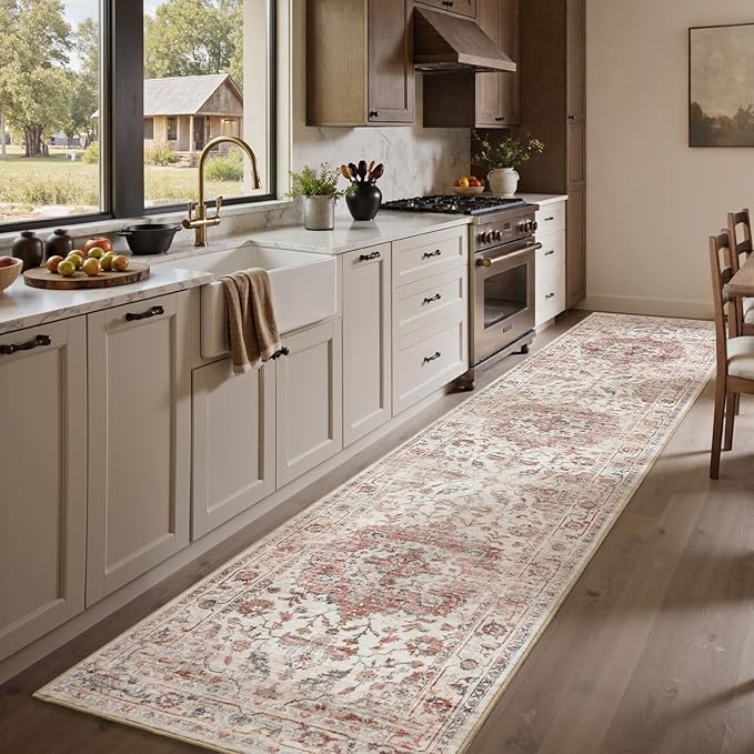 PADOOR-Vintage Runner Rug 2X10 Runners for Hallways-Soft Pink Washable Bedside Rugs for Bedroom-Non Slip Long Rug for Hallways Entryway Laundry Room Stair Kitchen Bathroom