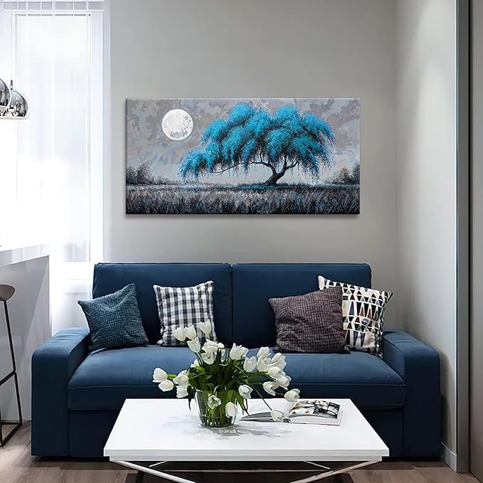 Modern Tree Of Life Wall Art Decor Canvas Art Wall Decor Artwork Blue Wall Art For Living Room Bedroom Kitchen Office Bathroom Ready To Hang Canvas Prints 20x40 Inch