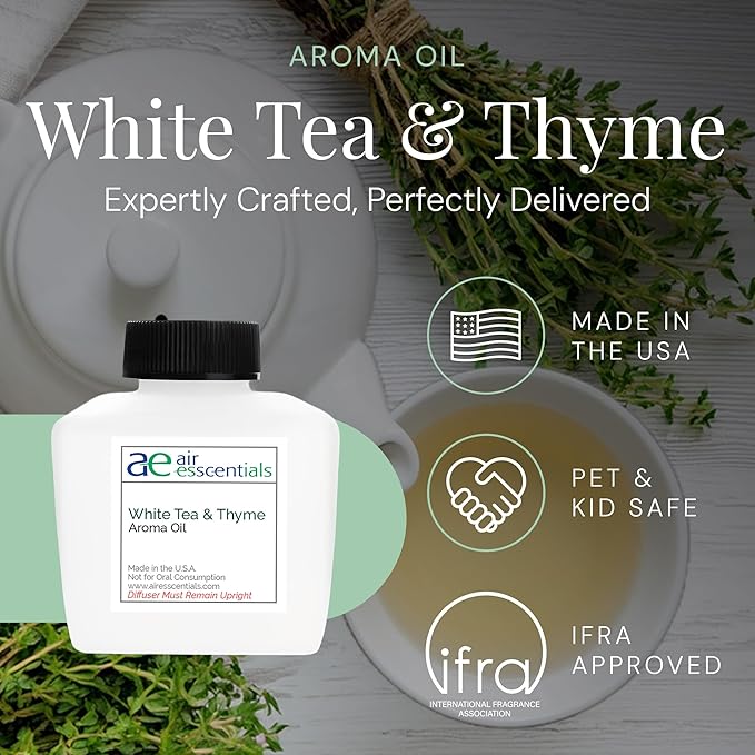 White Tea & Thyme Aroma Oil, Essential Oils Blend for Diffusers & Scent Machines, Rose Petals, Thyme & Balsam, Aromatherapy, Cold Air Diffuser Compatible, 300 mL