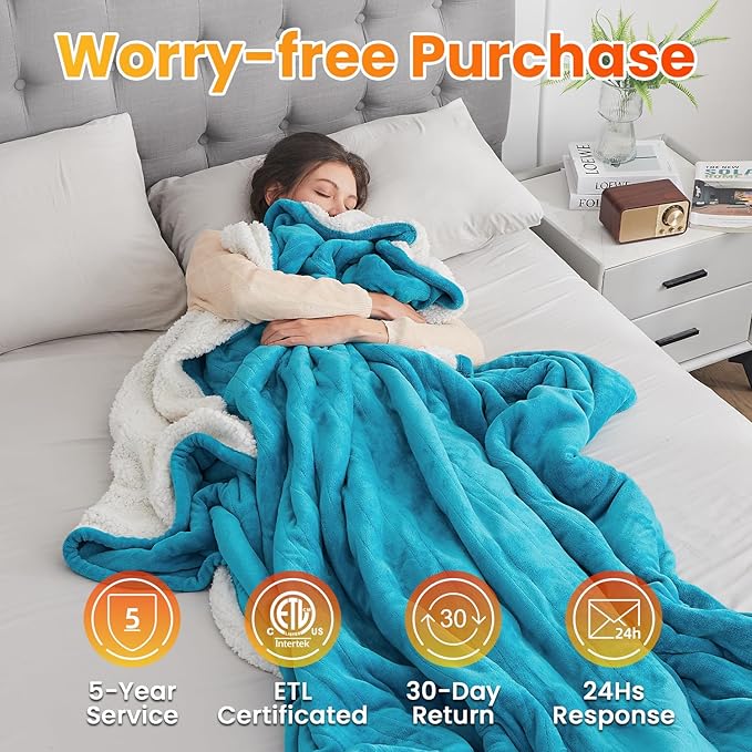 WOOMER Electric Heated Blanket Full Size, Soft Flannel Fast Heating Blanket, Teal Color, 77"x 84", 10 Heating Levels & 0.5-12H Auto Off, Over-Heat Protection