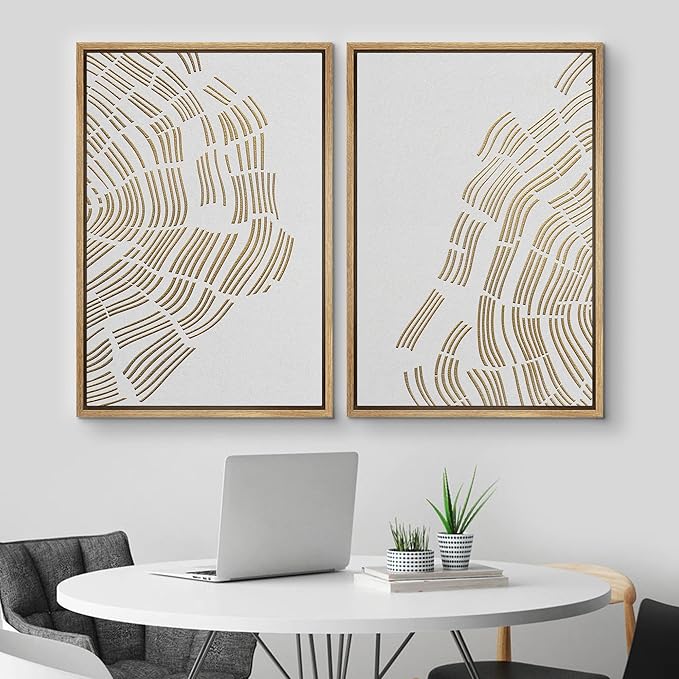 MUDECOR Framed Canvas Print Wall Art Set Gold White Forest Tree Wood Rings Abstract Nature Illustrations Modern Art Decorative Contemporary Chic for Living Room, Bedroom, Office - 16"x24"x2 Natural