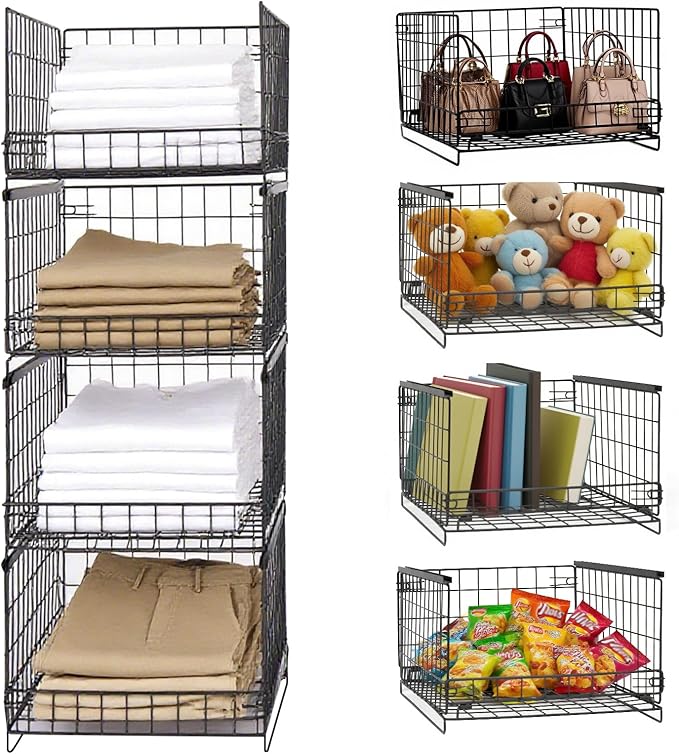 4-Tier Stackable Closet Storage Organizers, Storage Shelves, Clothes Basket, Clothes Shelf Organizer for Living Room Wardrobe Kitchen Bathroom Office, Black