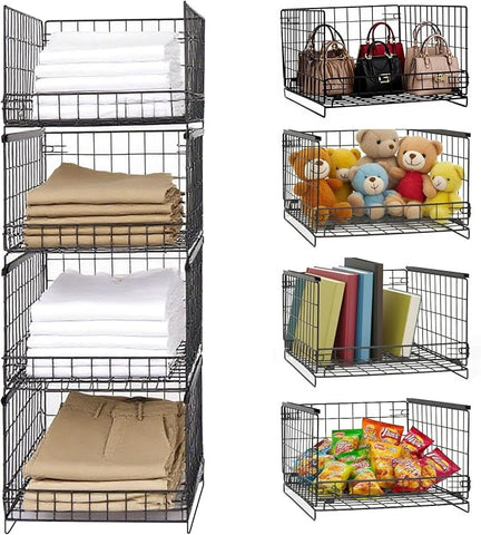 4-Tier Stackable Closet Storage Organizers, Storage Shelves, Clothes Basket, Clothes Shelf Organizer for Living Room Wardrobe Kitchen Bathroom Office, Black