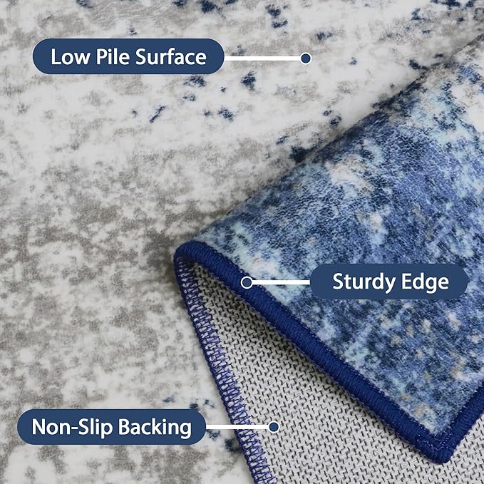 GENIMO Runners for Hallways，2x6 Washable Runner Rug Non-Slip, Long Runner Rugs with Rubber Backing, Low Pile Lightweight Rugs for Kitchen, Bedroom, Bathroom, Entryway, Blue/Ivory