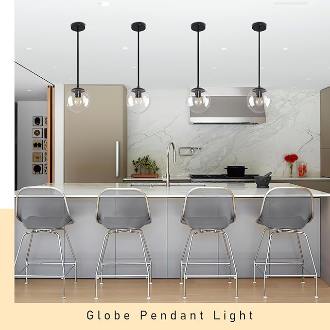 6 Inch Globe Pendant Light Black Mid Century Pendant Light Clear Glass Pendant Lights Kitchen Island Mid Century Adjustable Hanging Farmhouse Pendant Lights Fixtures for Kitchen Island