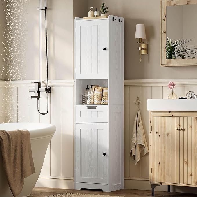 LIKIMIO 68" Tall Bathroom Storage Cabinet with Lights, Narrow Storage Cabinet with Adjustable Shelves, 2 Doors, 2 Hooks & 1 Drawer, Slim Freestanding Cabinet for Bathroom, Living Room, Kitchen, White