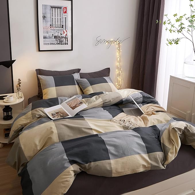 VM VOUGEMARKET Plaid Duvet Cover King,Black Gray Checkered Bedding Set with Zipper Ties,Simple Luxury Boys Men Comforter Cover Set Soft Cotton Home Bedding-104x90