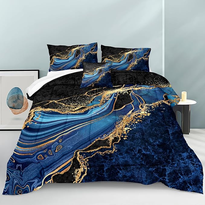 Black Gold Comforter Set King Size Blue Marble Bedding Comforter Ocean Blue River Mrable Abstract Bedding Watercolor Glitter Comforter Set with 2 Modern Pillowcases