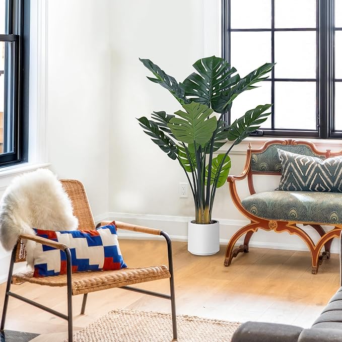 Artificial Monstera Deliciosa Plants, 4FT Faux Monstera Plant with White Planter, Swiss Cheese Plant with Green Leaves Stems, Fake Tropical Silk Tree for Indoor Office House Living Room Home Decor