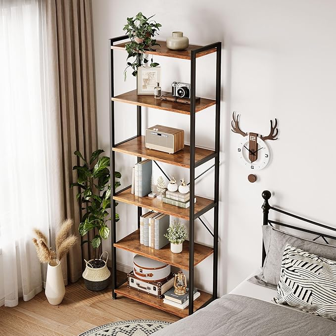 Casaottima Book Shelf, 6 Tier Tall Bookshelf, Modern Wood Bookcase Shelves for Bedroom, Industrial Display Shelf for Living Room Home Office Kitchen, Standing Shelving Unit Storage Organizer, Vintage
