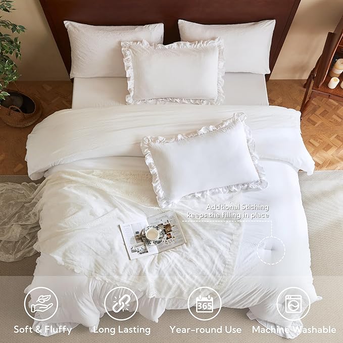 MR&HM White Ruffle Comforter Set Full, Farmhouse Shabby Chic Bedding Comforter Set, Boho Bed in a Bag Set 7 Pieces with 1 Comforter, 1 Flat Sheet, 1 Fitted Sheet, 2 Pillowcases & 2 Pillow Shams