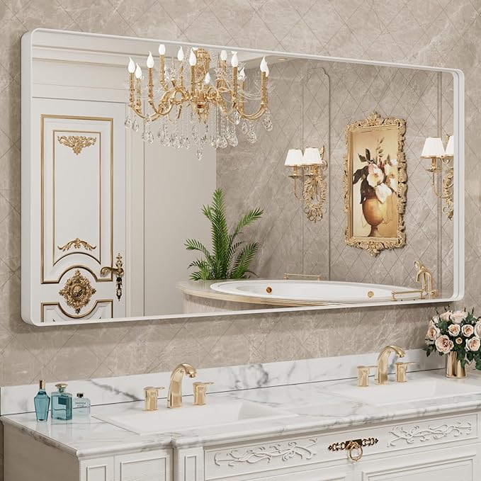 LOAAO 72x36 Inch White Metal Framed Bathroom Mirror for Wall, White Bathroom Vanity Mirror Farmhouse, Large Rounded Rectangle Mirror, Anti-Rust, Tempered Glass, Hangs Horizontally or Vertically