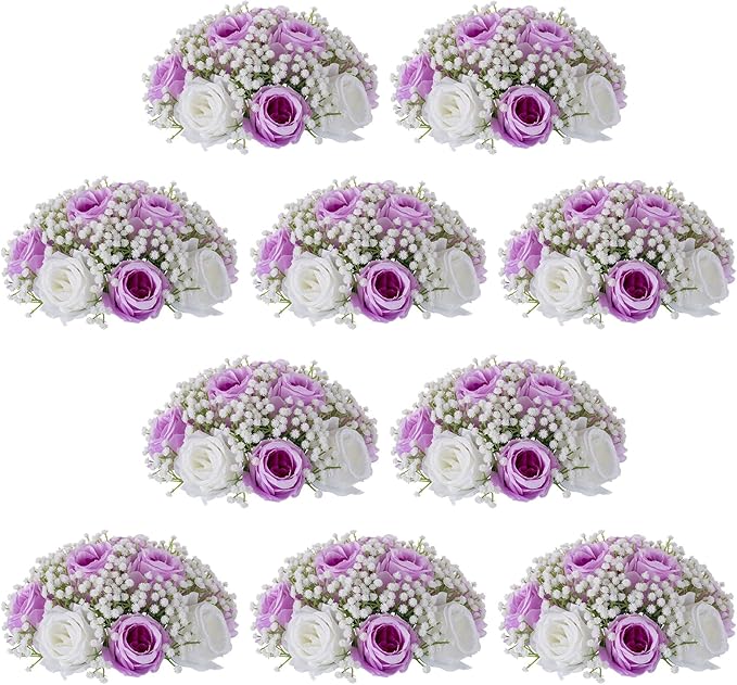 NUPTIO Flower Ball Arrangement Bouquet: 10 Pcs 8.6 inch Diameter Lilac Rose Fake Babys Breath Artificial Flowers for Wedding Centerpiece Event Party Tables Decorations