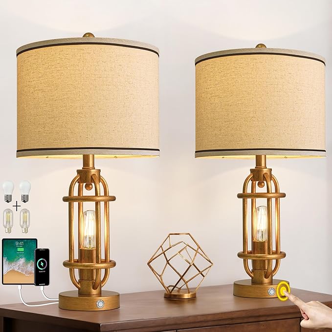 23.75'' Table Lamps Set of 2 for Living Room Bedroom Industrial Farmhouse Metal Touch Lamps with USB A+C Ports, Night Light Vintage Nightstand Bedside Lamp, Bulbs Included, Antique Gold