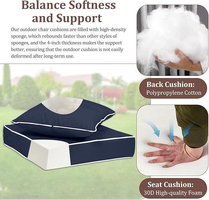 Outdoor Deep Seat Cushions for Patio Furniture Set of 2, Waterproof Outdoor Chair Cushions 24 x 24 x 4'' Patio Furniture Cushion with Fade Resistant Removable Cover, Handle & Straps, Navy+White Pipes