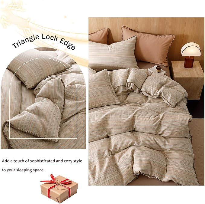 VM VOUGEMARKET Stripes Duvet Cover Set Queen 3pcs Yarn Dyed Muslin Cotton Horizontal Pinstripe Ticking Pattern Bedding Set - Tan Brown Stripe, Queen Size