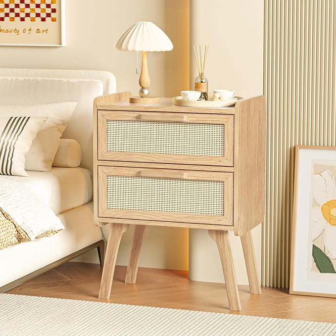 Lerliuo Rattan Nightstands Set of 2, Boho Night Stand with 2 Drawers, Cane Accent Side End Table, Bedside Table with Solid Wood Legs for Bedroom, Dorm and Small Spaces (Natural)