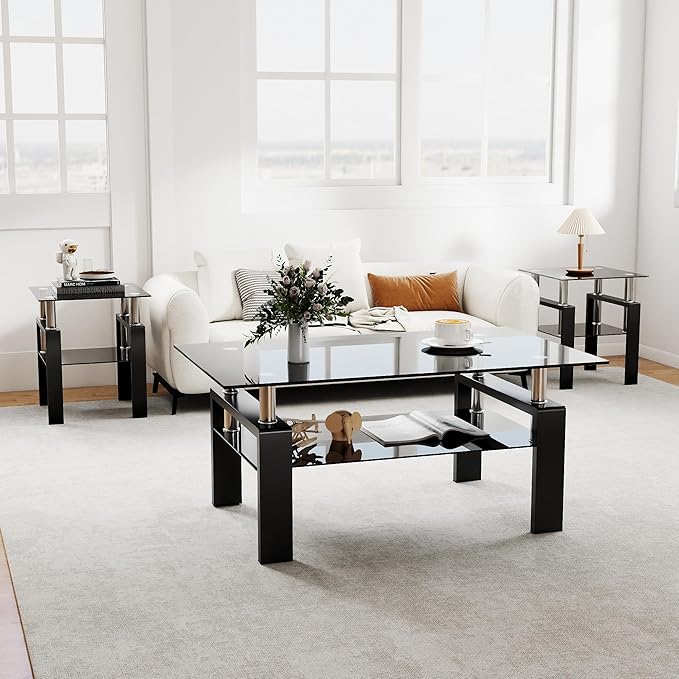 IANIYA 3 Piece Living Room Table Set, Modern Tempered Glass Coffee Table Set, Glass Coffee Table Black Metal Frame End Table for Living Room Apartment Small Space